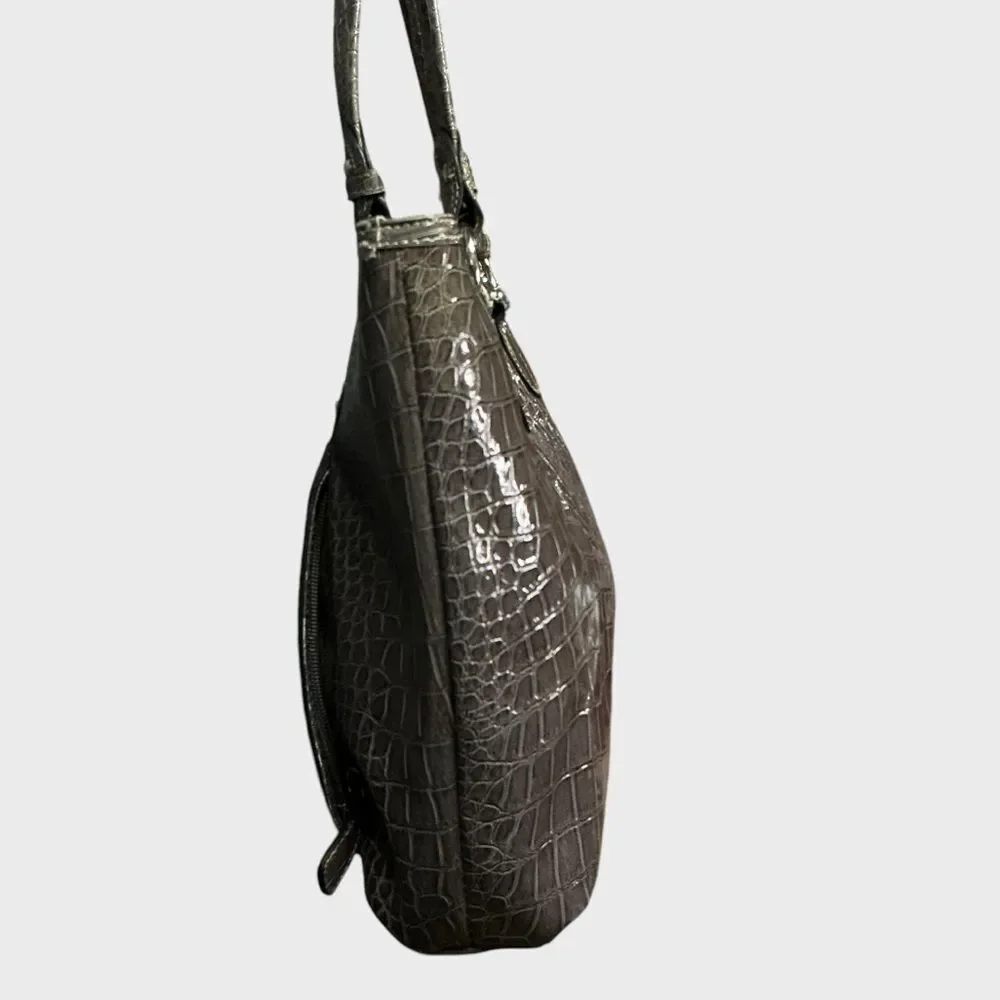 Nine West Croc Embossed Patent Tote Shoulder Bag Brown Glossy Faux Leather
